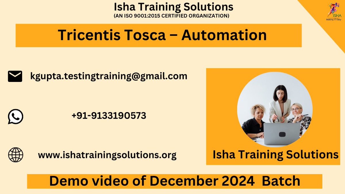IshaKumargupta's tweet image. “Tricentis Tosca – Automation Course”-Demo Video
youtu.be/3vzKhL91Og8
Enrollments are still in progress
Regular sessions will start from:4thDec @ 8 AM (IST)/3rd Dec @ 9:30 PM (EST)
The course Price: 7,900 INR/119 USD
call/WhatsApp@+91-9133190573
#ToscaAutomation #ToscaTesting