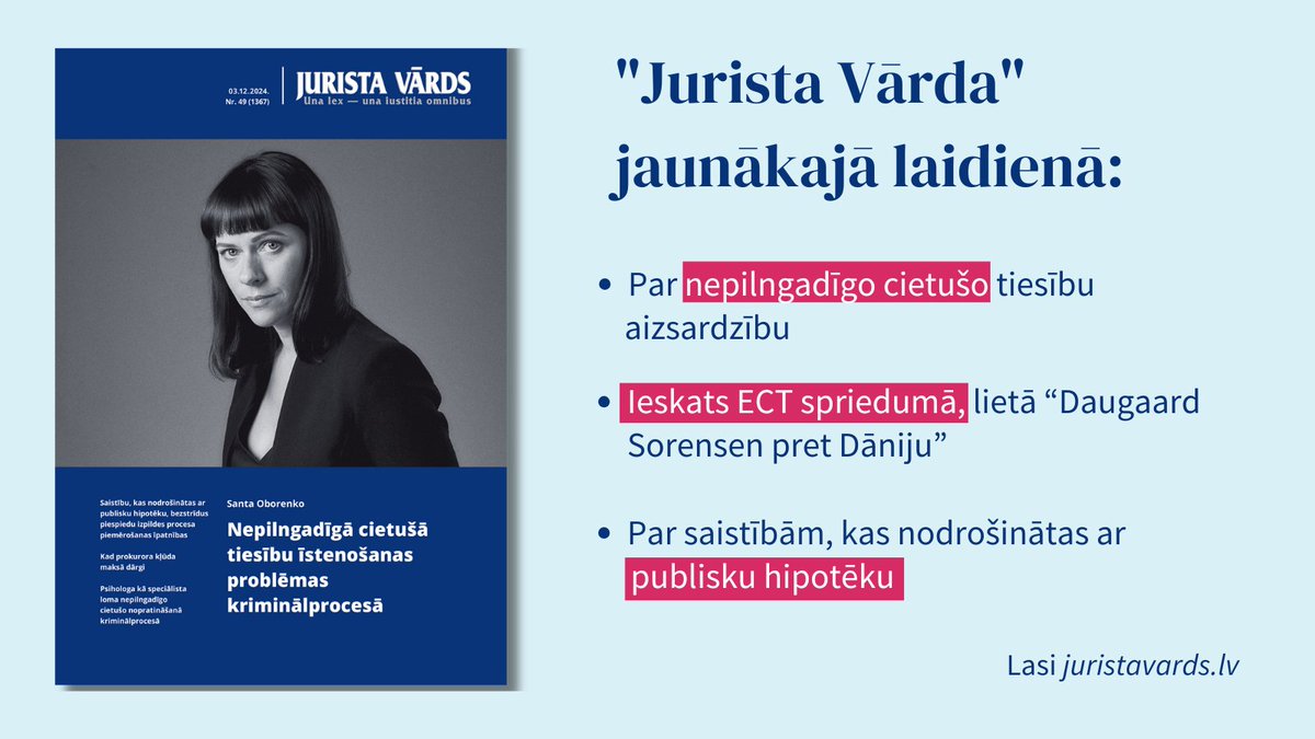 Iznācis jaunākais "Jurista Vārds"! Šonedēļ tajā publikācijas, kas veltītas kriminālprocesam, bērnu tiesībām, civiltiesībām un ECT, EST nolēmumiem.

🔹Ielūkojies žurnālā šeit: juristavards.lv/zurnals/?laidi…