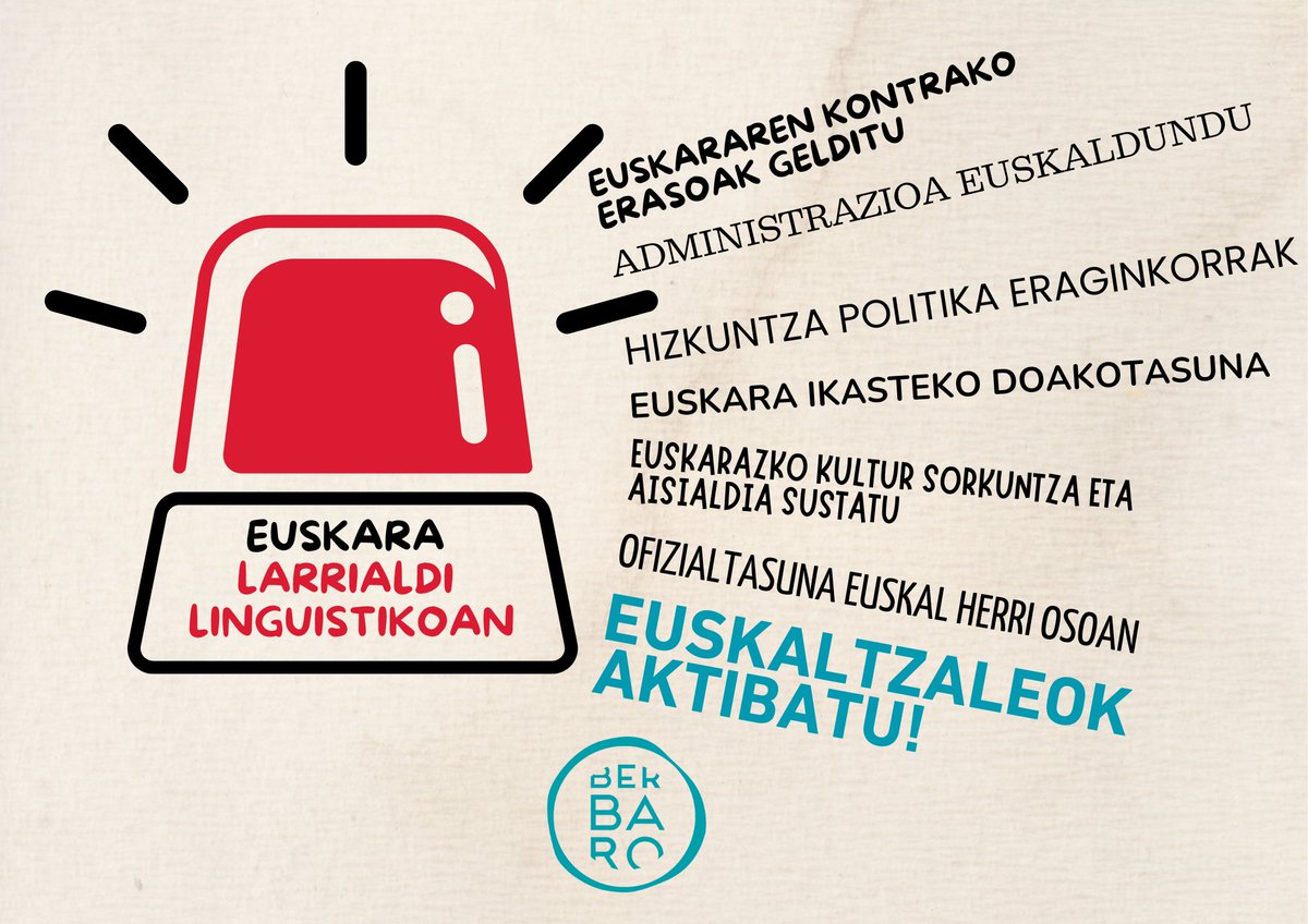 🚨 Euskararen nazioarteko egunean, euskara larrialdi linguistikoan dagoela salatu nahi dugu.
💪🏾 Larrialditik indarraldira igarotzeko, euskaltzaleon aktibazioa aldarrikatzen dugu.
#Euskarak365Egun