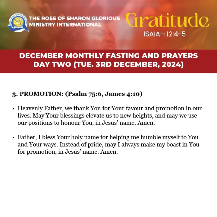 ROSGMI's tweet image. 3-Day Fasting and Prayer. Prayer guide for Day 2 – Tuesday, 3RD December 2024.

Swipe left ➡

#Gratitude
#PrayerGuide #PrayerMeeting #ROSGMI
#FastingAndPrayer #December2024