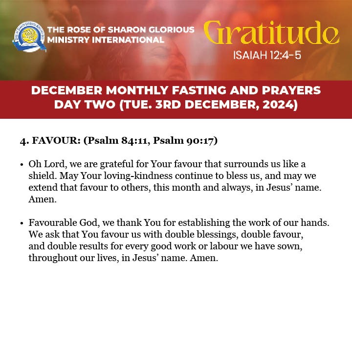 ROSGMI's tweet image. 3-Day Fasting and Prayer. Prayer guide for Day 2 – Tuesday, 3RD December 2024.

Swipe left ➡

#Gratitude
#PrayerGuide #PrayerMeeting #ROSGMI
#FastingAndPrayer #December2024