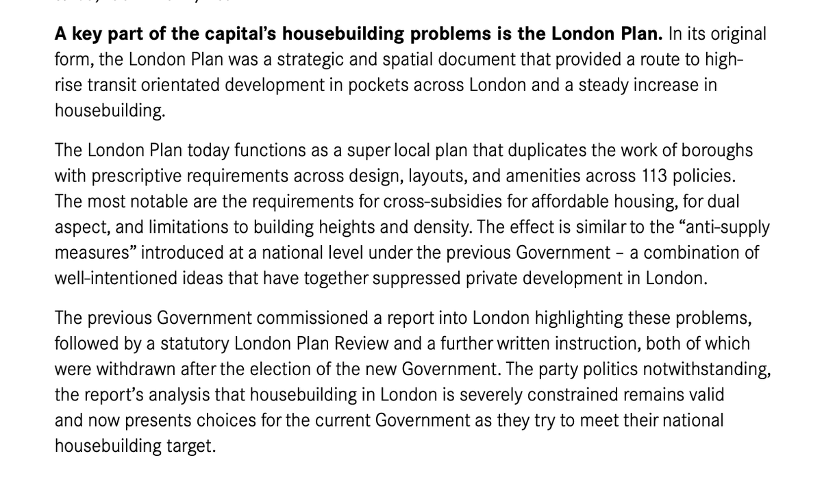 ‘A key part of the capital's housebuilding problems is the London Plan... 
The London Plan today functions as a super local plan that duplicates the work of boroughs with prescriptive requirements across design, layouts, and amenities across 113 policies.’