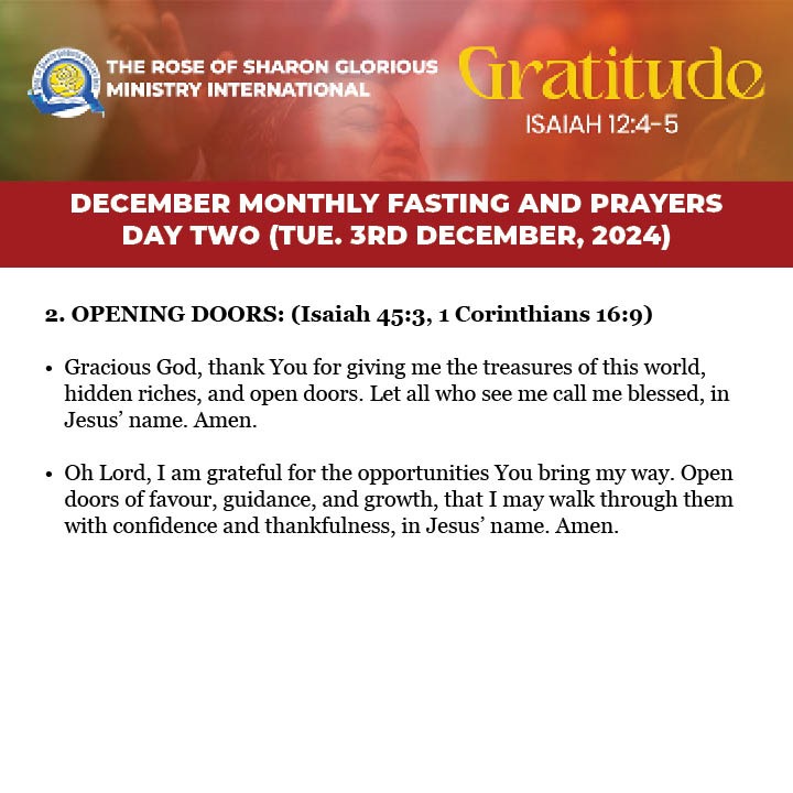 ROSGMI's tweet image. 3-Day Fasting and Prayer. Prayer guide for Day 2 – Tuesday, 3RD December 2024.

Swipe left ➡

#Gratitude
#PrayerGuide #PrayerMeeting #ROSGMI
#FastingAndPrayer #December2024