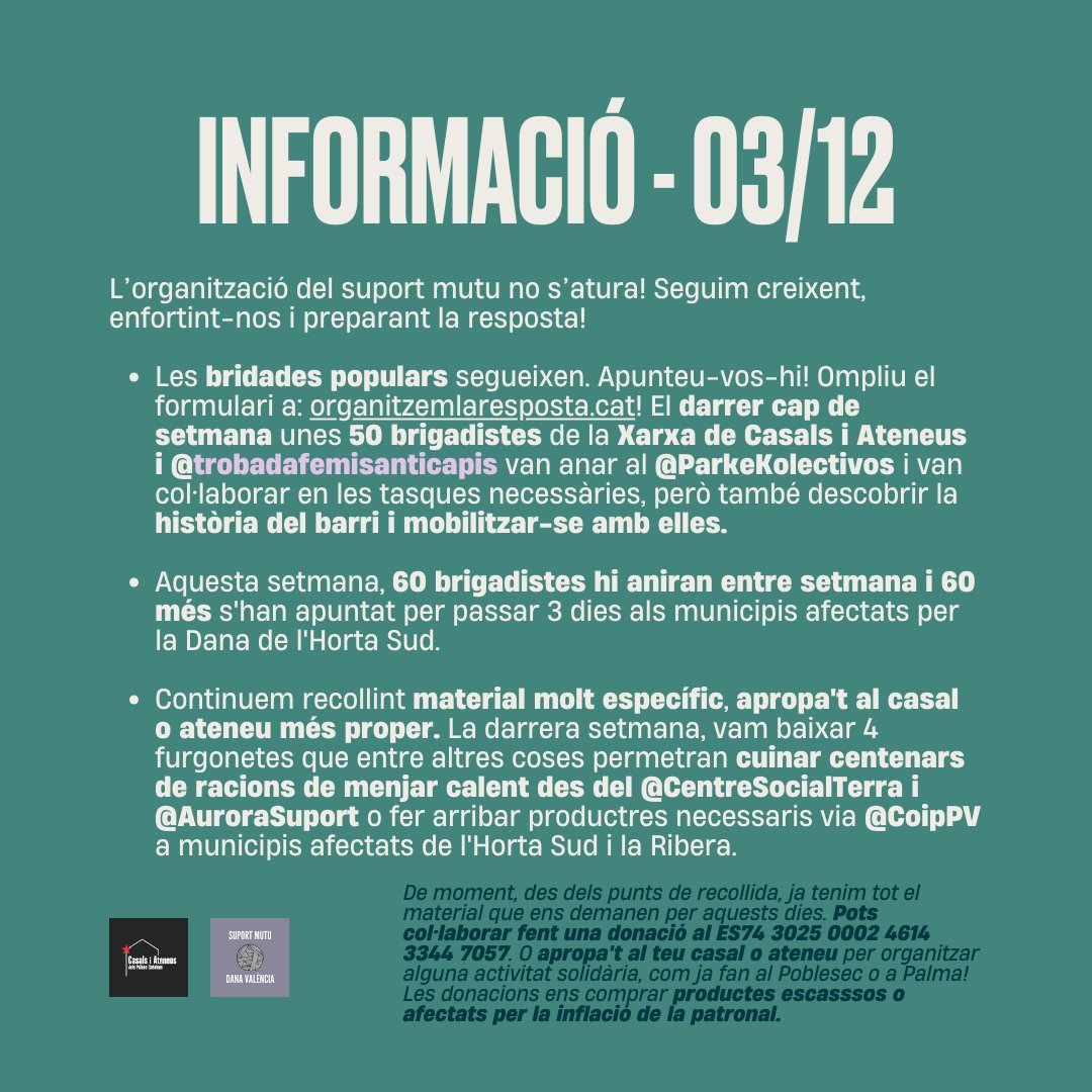 ⚠️ ACTUALITZEM INFORMACIÓ❗

🙌🏽 50 brigadistes la setmana passada, 120 hi aniran aquesta setmana
🚚 Quatre furgonetes amb material
📥 Aportacions a ES74 3025 0002 4614 3344 7057

El #SuportMutu no s'atura!  Apunteu-vos a les brigades populars organitzemlaresposta.cat
