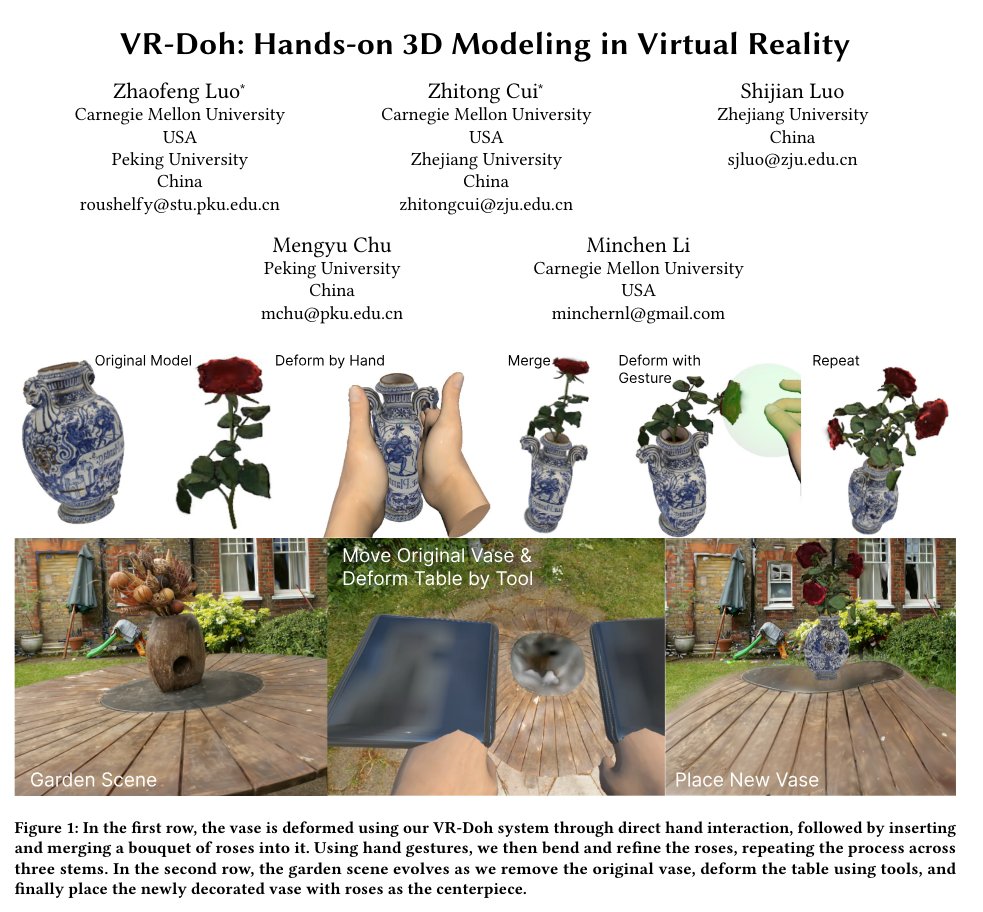 janusch_patas's tweet image. VR-Doh: Hands-on 3D Modeling in Virtual Reality

Contributions:
• A novel physics-based geometric modeling paradigm: We introduce a VR modeling system with realistic physics simulations, offering immersive, intuitive, and creativity-enhancing workflows.
• Direct and intuitive…