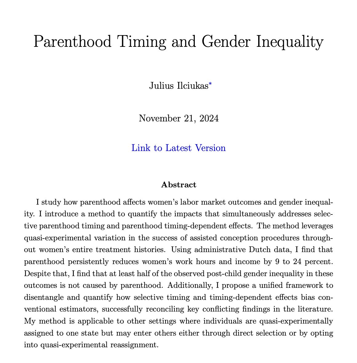 Most gender inequality in the labor market emerges at parenthood. But does parenthood cause it? My JMP introduces a new method to answer this question. I find that at least half of the observed gender gaps in work hours and income would emerge even without children. 🧵