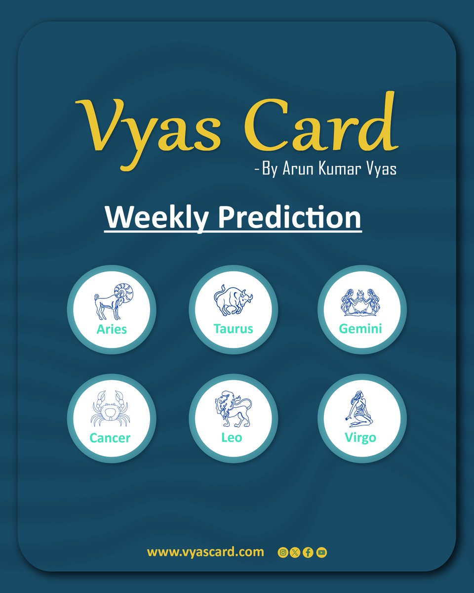 Arunastrology's tweet photo. Vyas Card for Upcoming Week, Your Weekly Zodiac Sign Predictions.

For Rest of the Zodiac Signs - Visit our profile

Check Vyas Card as per your date of birth.

#arunkumarvyas #astrology #predictions #vyascard #cancer #leo #virgo #weeklypredictions #predictions https://t.co/PmzEAs4xa4