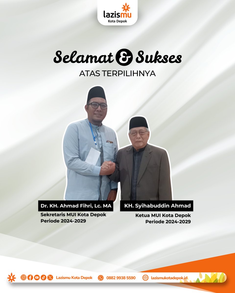 SELAMAT &amp; SUKSES 

Atas terpilihnya KH. Syihabuddin Ahmad (Rais Syuriah PCNU Kota Depok) sebagai Ketua Umum MUI Kota Depok Periode 2024-2029 &amp; Drs. KH. Ahmad Fihri, Lc. MA (Wakil Ketua PD Muhammadiyah Kota Depok) sebagai Sekretaris Umum MUI Kota Depok Periode 2024-2029.

#depok