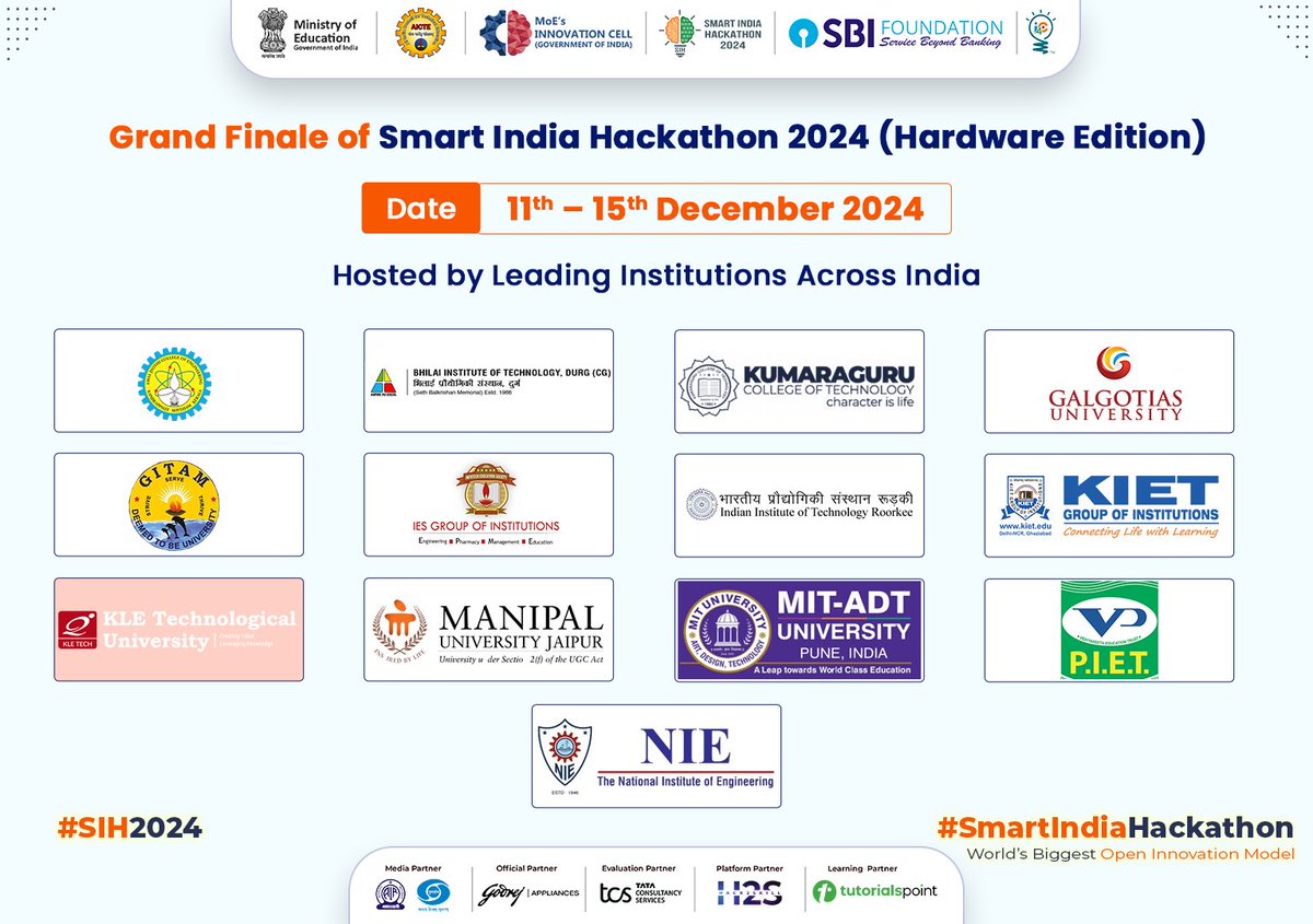 13 remarkable locations will become hubs of innovation during the 5-day Grand Finale of the Hardware Edition of Smart India Hackathon 2024, from 11th to 15th December 2024. 
#SIH2024 #smartindiahackathon #PM_ModiAtSIH

<a href="/PMOIndia/">PMO India</a>  <a href="/EduMinOfIndia/">Ministry of Education</a>  <a href="/AICTE_INDIA/">AICTE</a>  @SIH2024_MIC