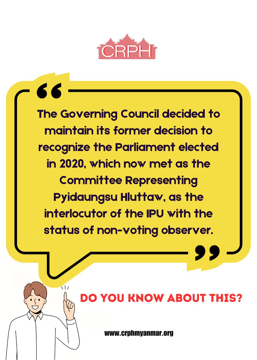 htartha76128693's tweet image. 149th IPU Assembly and related meetings was held in Geneva, Switzerland from 13 to 17 October 2024 where the Governing Council at its 214th Session decided to continue recognize the #CRPH of elected lawmakers of #2020Election as IPU's interlocutor.