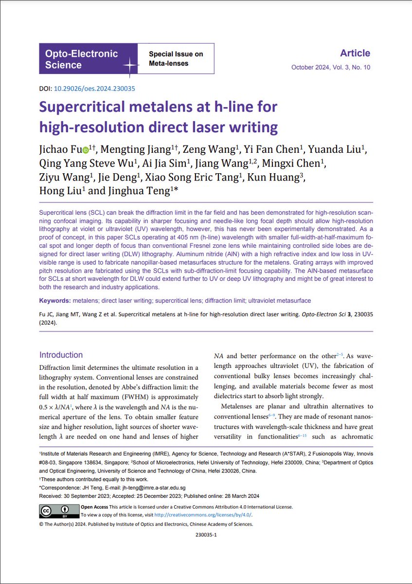 OptoElectronAdv's tweet photo. #OES_highlight Supercritical metalens at h-line for high-resolution direct laser writing https://t.co/xoY3vjpqM4 by Prof. #JinghuaTeng @astar_research #metalens #DirectLaserWriting #laser #supercritical #lens #DiffractionLimit #ultraviolet #metasurface https://t.co/AewpclXJ28