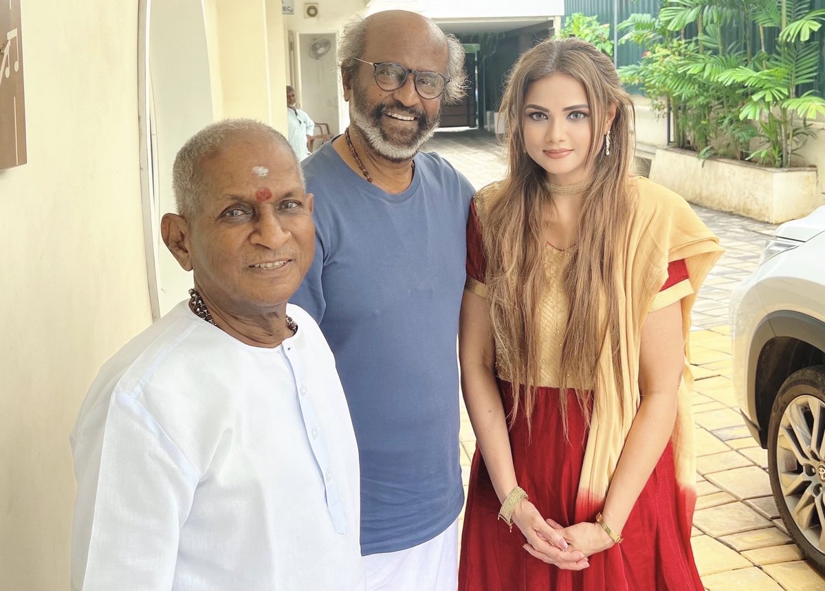 🧿Yesterday at Raja sir’s office.. Met with Super Star⭐️.. Two legends at the same pic with me. I couldn’t ask for more..🙏Especially I enjoyed their cute 🥰 fight between them where Raja sir wanted Rajini sir in the middle for the pic to respect him, but Rajini sir wanted me in