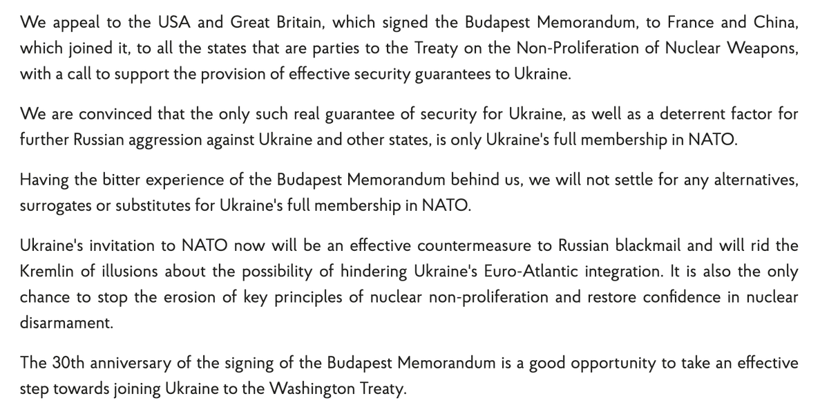 wartranslated's tweet photo. Today, on the 30th anniversary of the Budapest Memorandum, the Ukrainian Ministry of Foreign Affairs declared that Ukraine will not accept any security guarantees short of full NATO membership, asserting that this is the only effective means to stop Russian blackmail. https://t.co/qWiAcMZozW