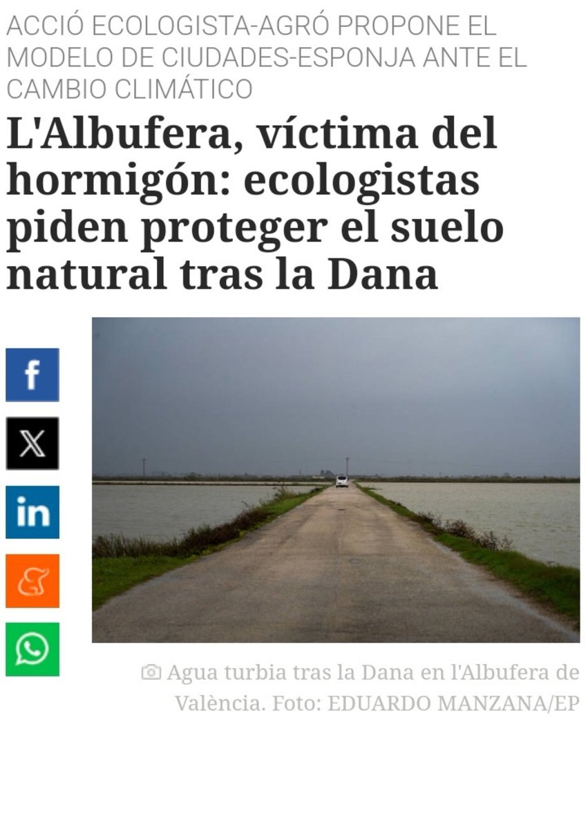 El sòl actua com una defensa natural enfront de les pluges torrencials. 

No és moment de flexibilitzar normes urbanístiques, sinó de reforçar les restriccions en àrees de risc.

valenciaplaza.com/lalbufera-vict…