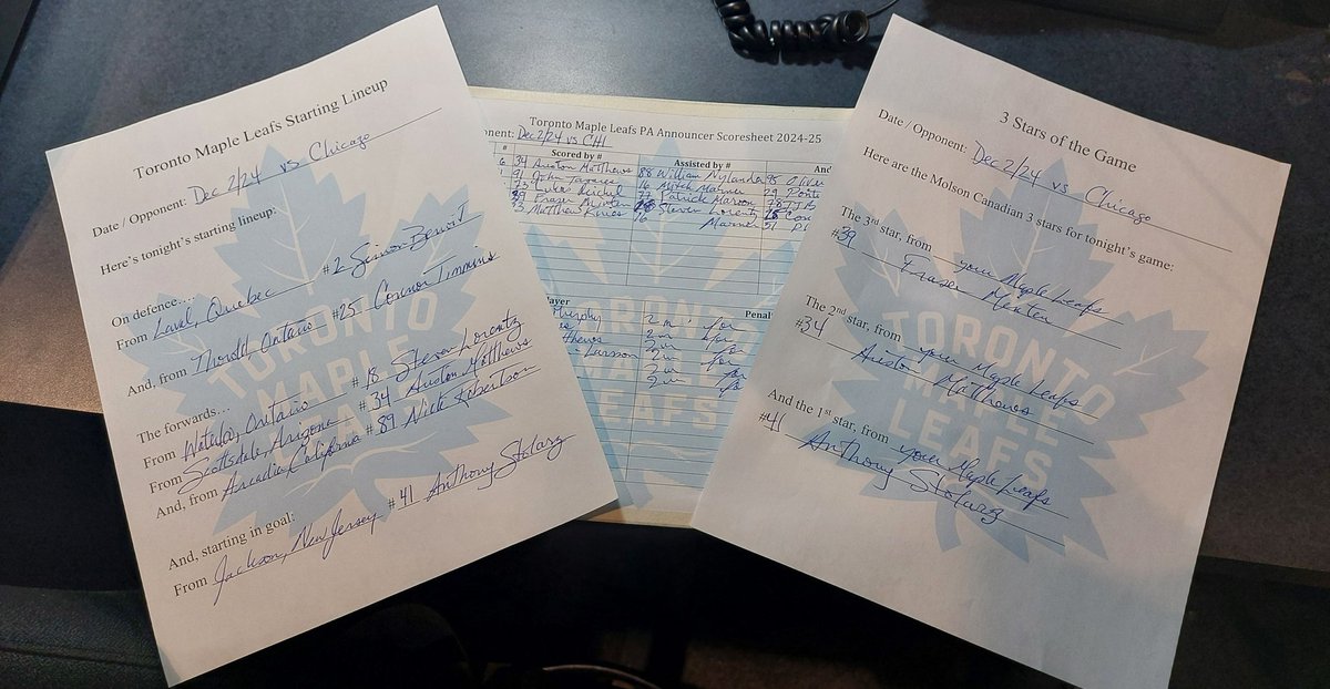 RossyOnTheMic's tweet photo. These are tonight's PA sheets (Starting Lineup, Scoresheet and 3 🌟) vs CHI.

Reply to this post to enter the draw.

Winners are required to pay $40 for their sheet, with a portion of proceeds going to MLSE Foundation and Hockey Fights Cancer.

#LeafsForever https://t.co/vsmp8HhhKL