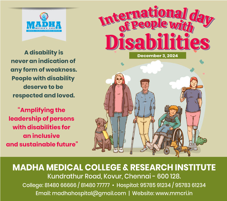 SMmcri's tweet photo. International Day of People with Disabilities...
This day is an opportunity to raise awareness about the importance of inclusion, accessibility, and equality for people with disabilities all around the world.
#IDPWD #Abilityindisability
#MMCRI #MadhaMedicalCollege #MadhaHospital https://t.co/ZNWH0oTevT