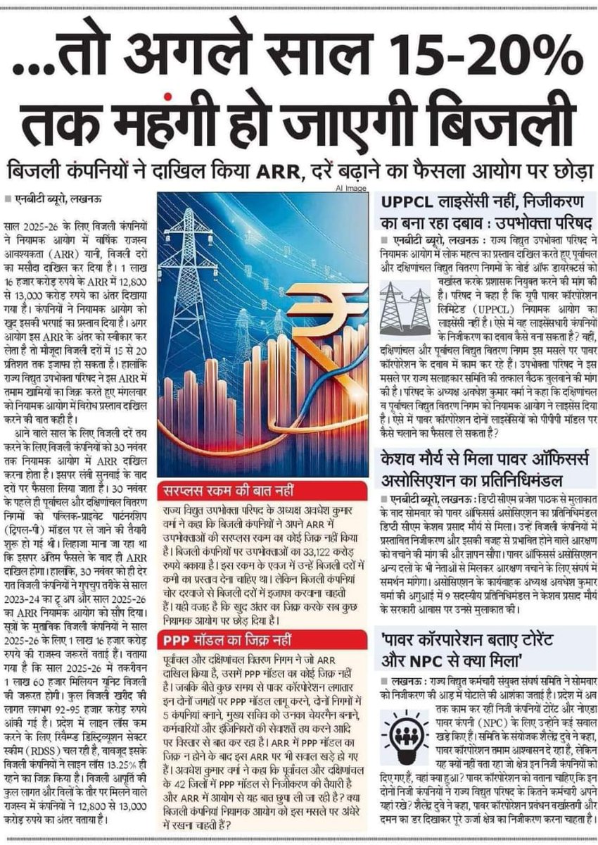 b2ashi's tweet image. बिजली का निजीकरण होने से प्राइवेट बिजली की दर 3 से 4 गुनी हो जाएगी जिससे प्रदेश के गरीब किसान मंहगी बिजली का बिल जमा नही कर पाएंगे व विभाग में कार्यरत कर्मचारियो का भविष्य अंधकार में हैं😢@ajitanjum @Abhinav_Pan @bstvlive @ravishndtv @uprvup  #stop_uppcl_privatisation