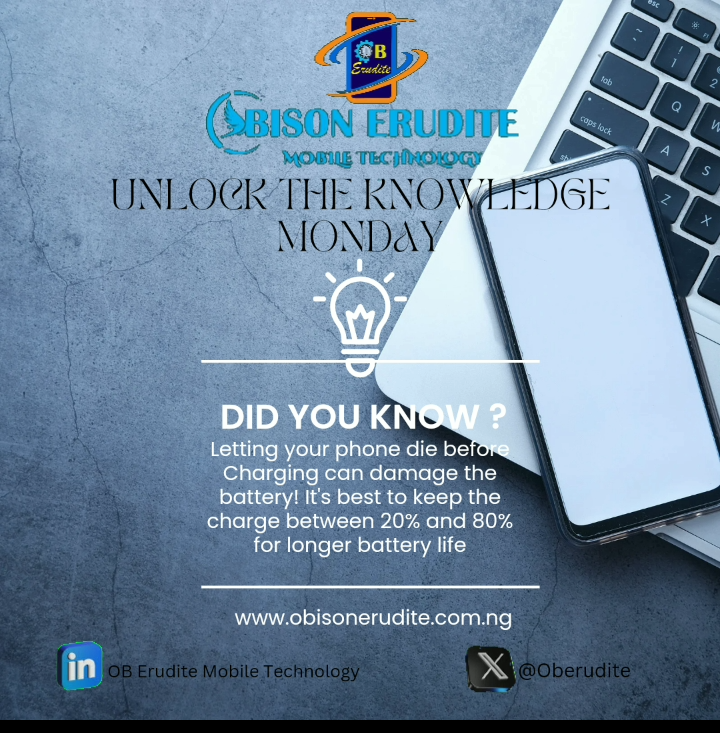 ObErudite's tweet image. 🎉 Unlock the Knowledge Monday Episode 13! 🚀

 Stay tuned for more mobile tech insights. 💡

👉 Visit obisonerudite.com.ng for expert mobile repair services and tech tips that keep you ahead! 

#MobileTechTips #PhoneBatteryCare #ObisonErudite #UnlockTheKnowledge #TechMonday