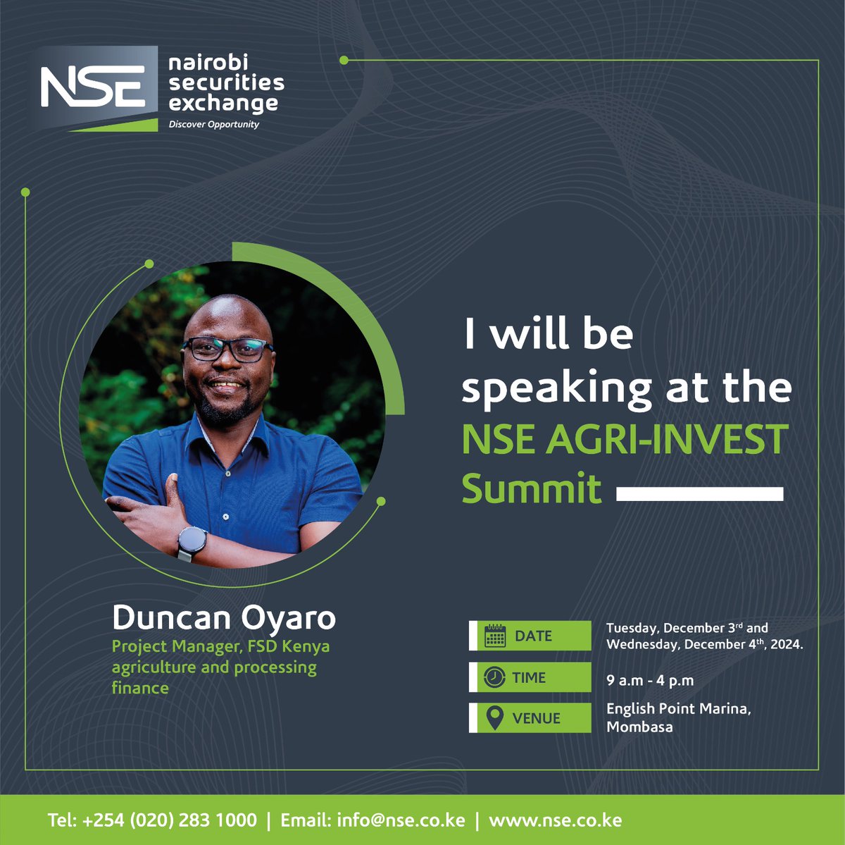 I will be moderating  a panel at the inaugural NSE Agri-invest Summit on challenges and opportunities offered by the <a href="/NSE_PLC/">NSE PLC</a> for Agri-investments <a href="/FSDKe/">FSD Kenya</a>