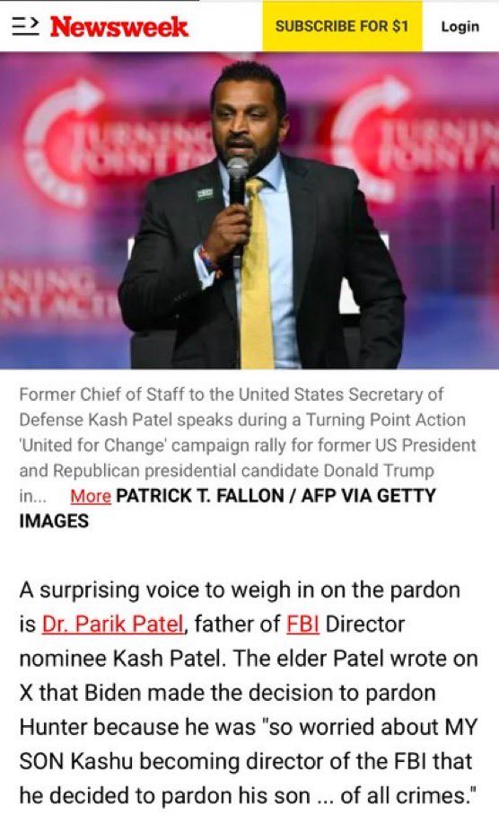 ShivAroor's tweet photo. 😂😂😂😂 @Newsweek headlined a parody tweet by @ParikPatelCFA claiming to be Kash Patel’s father https://t.co/n0D0lpjUOx