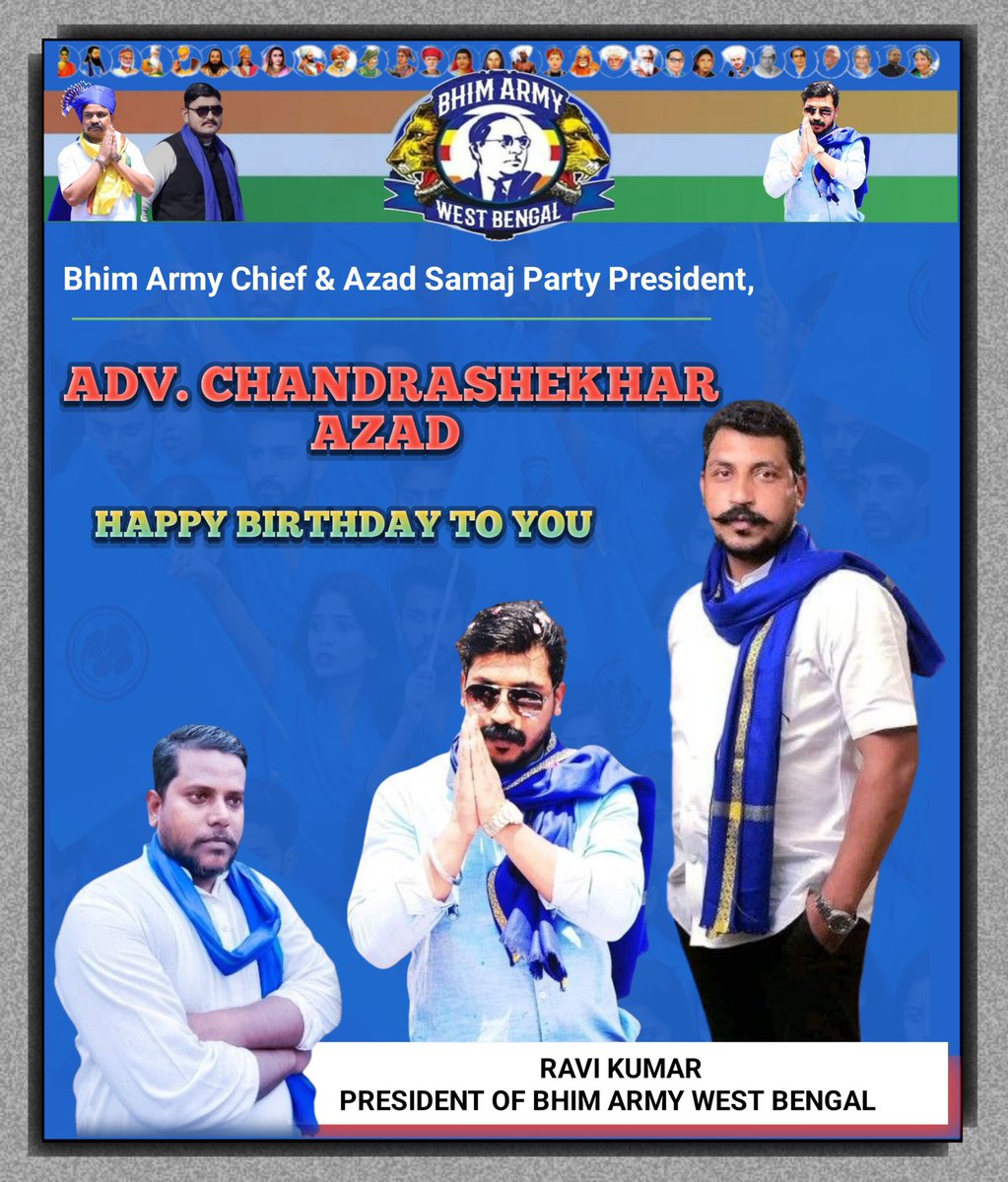 Pawanrere's tweet photo. "Happy Birthday to Adv. Chandrashekhar Azad Ji"

On behalf of Bhim Army, West Bengal, we salute our inspiring leader,
Bhim Army Chief &amp; Azad Samaj Party President, Adv. Chandrashekhar Azad Ji.

"Jai Bhim, Jai Bharat!"

Bhim Army, West Bengal @BA4Westbengal https://t.co/pc729jy0f5