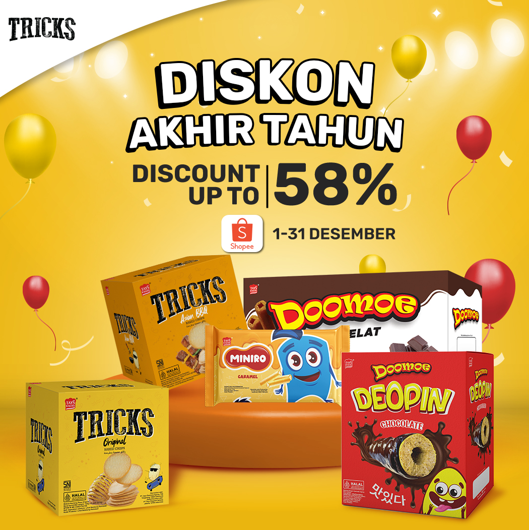 trickscrisps's tweet photo. ✨ PROMO AKHIR TAHUN ✨
TRICKS DISKON UP TO 58%
Promo ini berlaku untuk produk :
- Paket ORI isi 6 box
- Paket Tricks 3 box (Original, Asian BBQ, Kimchi)
Periode : 1 - 31 Desember 2024
#TricksCrisps #SnackTricks https://t.co/PqxU8e8y9h