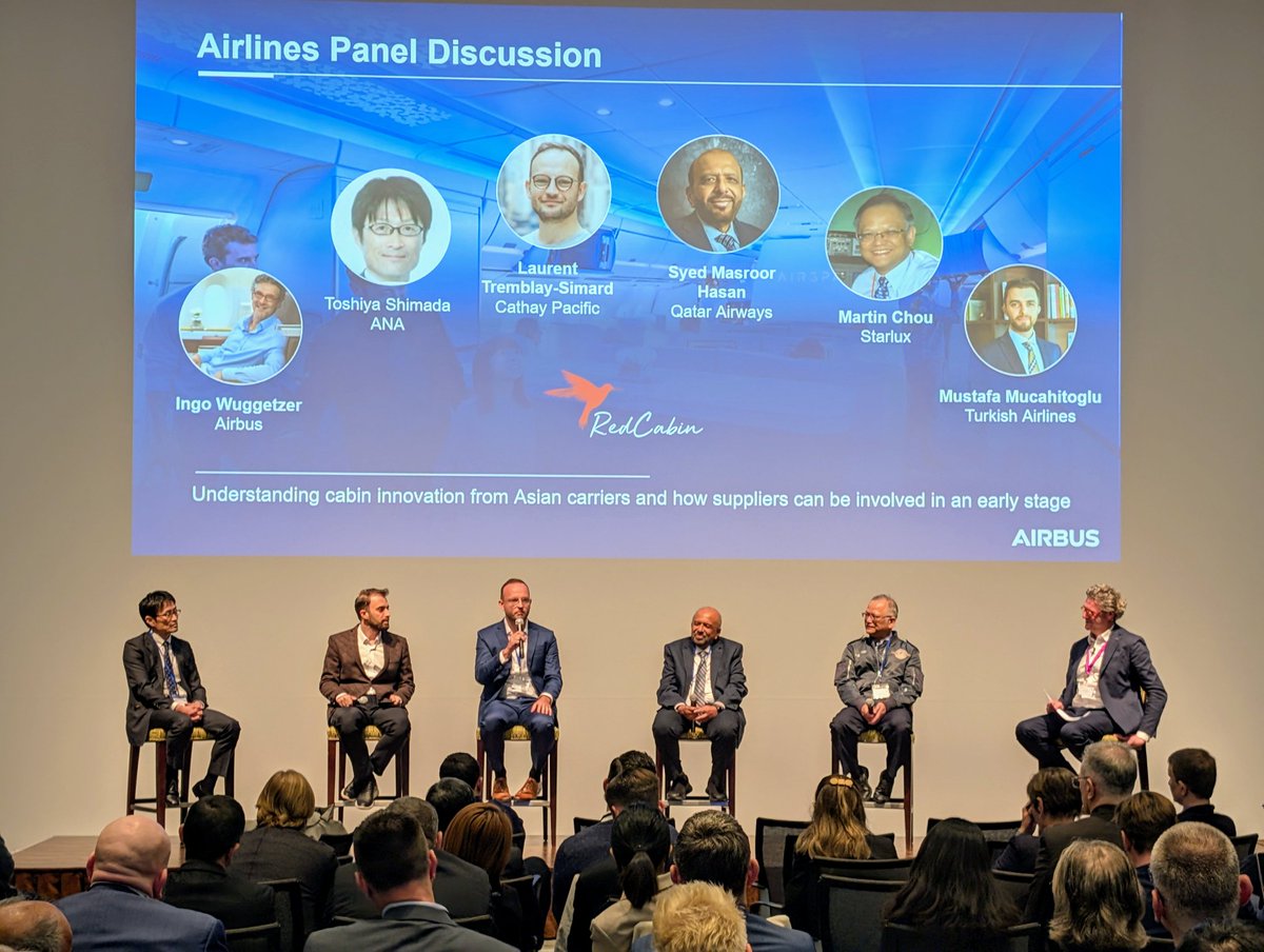 RedCabin_Events's tweet photo. We’re now having an airline panel discussion looking at understanding cabin innovation from Asian carriers and how suppliers can be involved in an early stage.
Ingo Wuggetzer is our moderator and he will be joined by some industry leaders to discuss.
#RedCabinLIVE #ACIS https://t.co/OEliTuCIl7