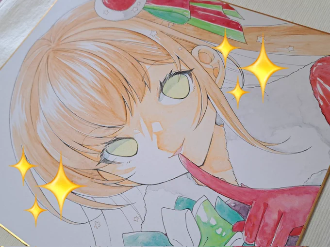 BOOTH用にクリスマス色紙描いてます。大色紙塗り終わったら登録予定ですが、完成のタイミング等によっては一旦 #花のケーキと少女展 在廊もしくは即売色紙コーナーへの追加となります。即売色紙も現在クリスマス色紙に変更してありますのでお迎えご検討よろしくお願いします 