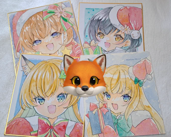 BOOTH用にクリスマス色紙描いてます。大色紙塗り終わったら登録予定ですが、完成のタイミング等によっては一旦 #花のケーキと少女展 在廊もしくは即売色紙コーナーへの追加となります。即売色紙も現在クリスマス色紙に変更してありますのでお迎えご検討よろしくお願いします 