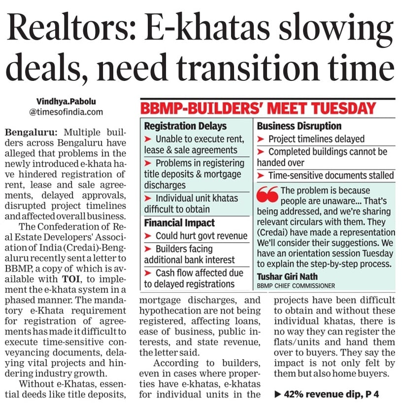 Maheshbr4U's tweet photo. #Bengaluru e-Khatha mandatory for #Property Registration by #Karnataka Govt turning out to be #Bangalore Citizens biggest #grievance, #SCAM & #Corruption. Its 60 days & #BBMP is able to issue only 21369 e khathas (less than 1% of properties). Even if you Triple this  it requires 2 years for covering all properties...Revenue from registration  has fallen to 95%..Subregistar offices are idling..#Bengaluru is loosing Investments to Hyderabad, Mumbai chennai etc due to this " illogical linking of ekhatha to Registration when 99% don't have e khatha "...its lack of a common sense by #Revenue department.
Request @CMofKarnataka & @DKShivakumar @MBPatil to prevail upon @krishnabgowda & @IGRKarnataka to remove ' Cumpulsory e-Khatha for Registration under BBMP ' at least by 12 months.
Property Registration in majority cases is for meeting emergencies like #Medical , #Marriage & #HigherEducation  etc...middle class money is struck with builders badly..Complete Anarchy Situation.

Request media , @INCKarnataka , @BJP4Karnataka @JanataDal_S to Highlight these issues and get this mandatory rule postponed by a year.

#Karnataka @publictvnews @tv9kannada @timesofindia @htTweets @the_hindu @News18India @AsianetNewsSN @XpressBengaluru @Lolita_TNIE @VijayaKarnataka @KannadaPrabha @BangaloreMirror @BPACofficial @AAPKarnataka @Vijayavani_Digi
