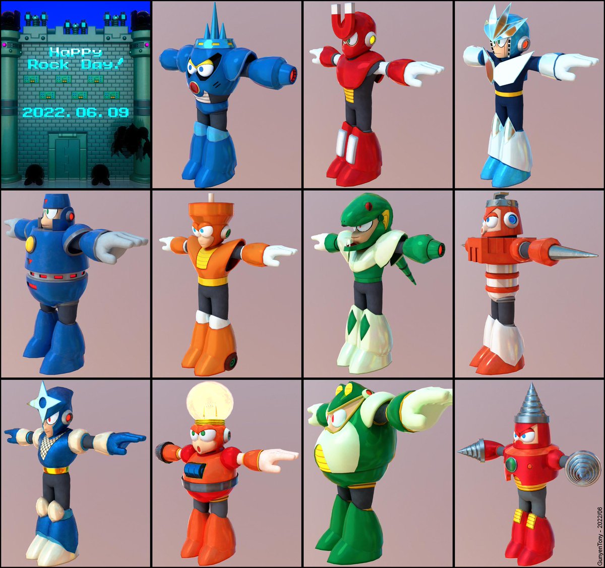 Progress Snapshot 2022/06: Did some environment modeling work and textured the 3 robot masters and some of 4. However, I myself will no longer be doing any environmental modeling for this museum project.