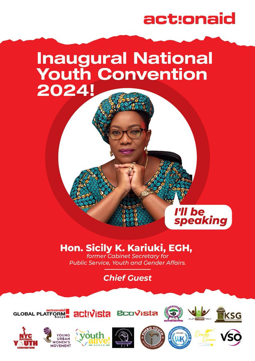 GP_Kenya's tweet photo. Thread 1/4 🧶

We’re excited to have @SicilyKK_RIAL as our chief guest for the #YouthConvention2024KE 🥳🥳

Hon. Sicily Kariuki  wears many hats: as a CEO &amp; Founder of Re-ImagineImpact Leadership Development firm, a Certified Executive Leadership Coach &amp; a Certified Emotional… https://t.co/odpslVkMgh