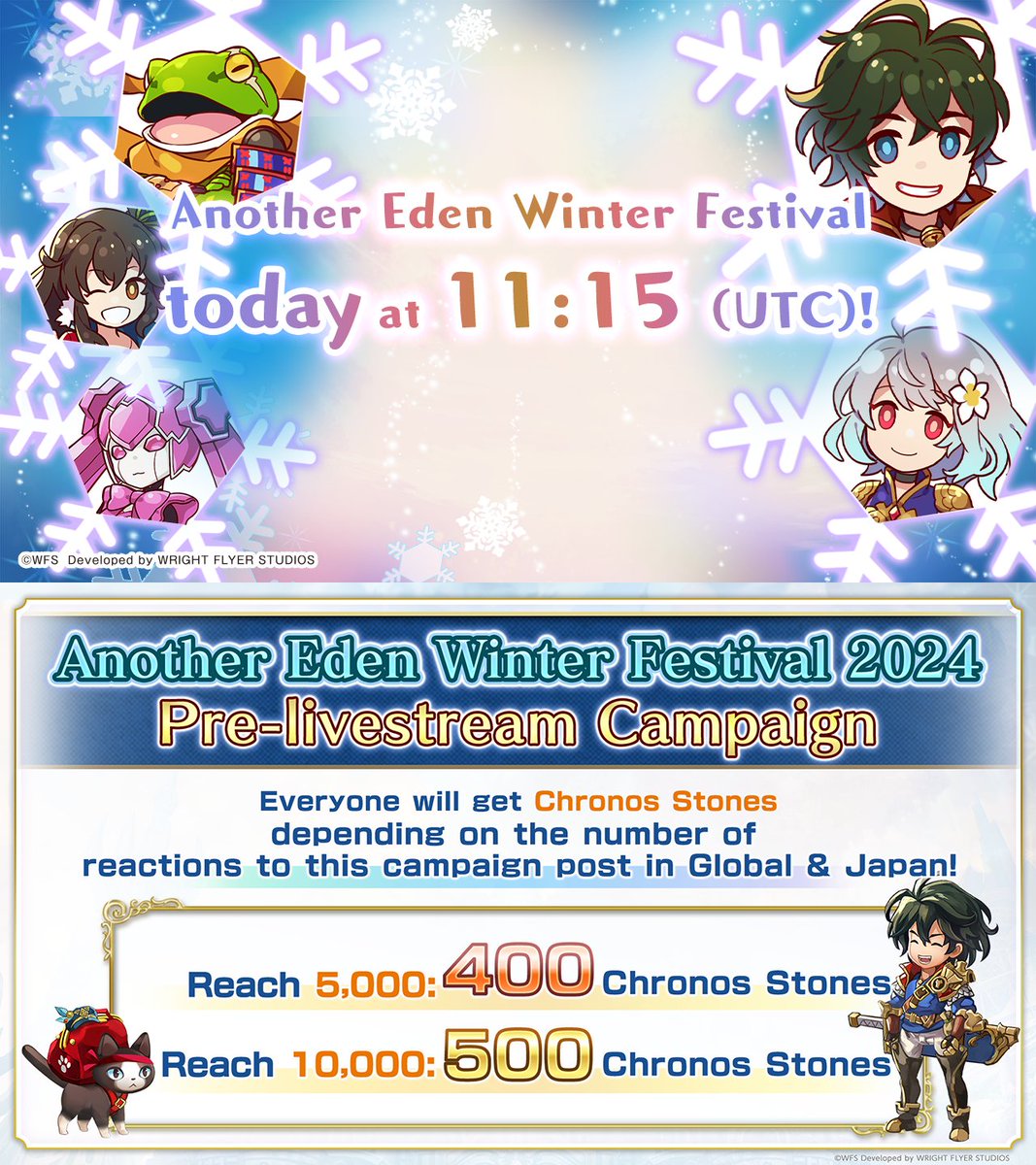 AnotherEdenRPG's tweet photo. [Pre-livestream Campaign💎]
The #AnotherEden Winter Festival today at 11:15am UTC will reveal the new Symphony!
https://t.co/pxPOuWPVxG
Get 500 CS by reaching 10K reactions (Reposts/Likes/Replies) to this post (GL &amp; JP)✨ *JP X doesn't count replies. https://t.co/Jr3TFiKEPT