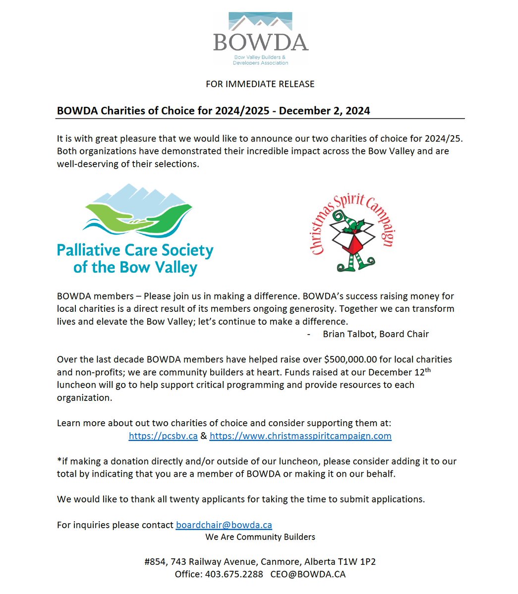 BOWDACANMORE's tweet photo. We could not be more excited to announce this year's charities of choice! 

Members can still register for our December 12th luncheon here:
https://t.co/IEwtKpoNss

#Canmore #Banff #MDBighorn #LakeLouise #Kananaskis #StoneyNakoda #BowValley #Alberta https://t.co/ZmSxDKttor