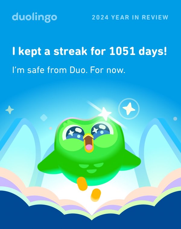 Seems like I am. Are you safe from Duo this year? #Duolingo365