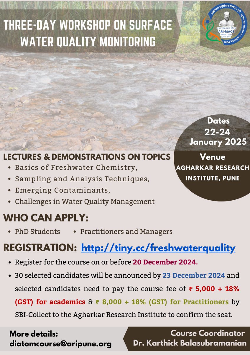 DiatomsofIndia's tweet image. 📢 Join us for an engaging 3-day workshop on **Surface Water Quality Monitoring**! 🌊✨ 
🗓️ Dates: [22 - 24 January 2025]
📍 Venue: [Agharkar Research Institute, Pune] @ari_pune
Limited seats available. Register now! [tiny.cc/freshwaterqual…]
#WaterQuality #EnvironmentalScience
