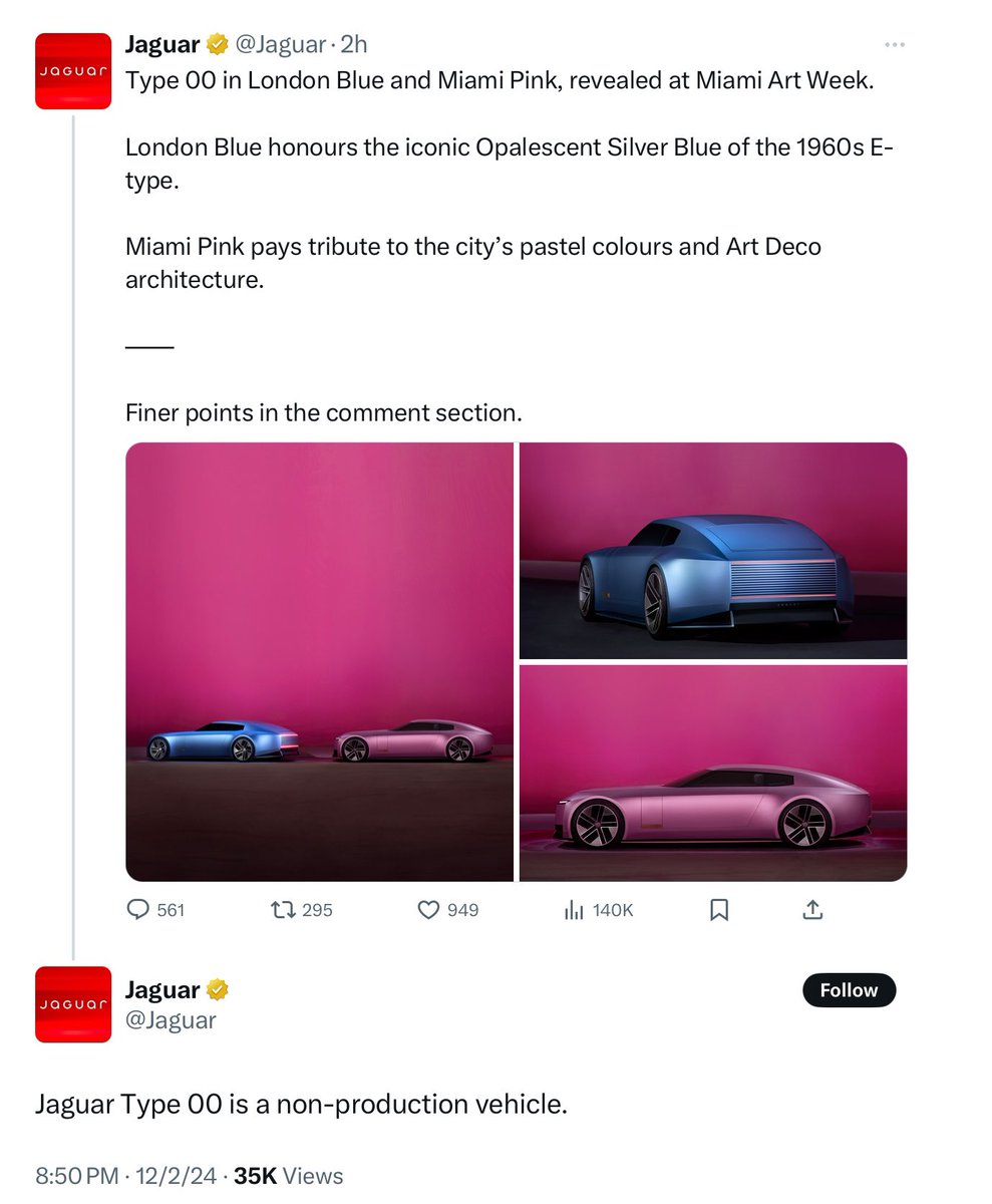jgholt's tweet photo. So much confusion here.  TBC, I have no claim to what a Jag “should” be… but if they’re going to be bold, they should stick to their convictions. History shows that production realities of concept renderings always fall woefully short. https://t.co/jRPKRY6Zpj