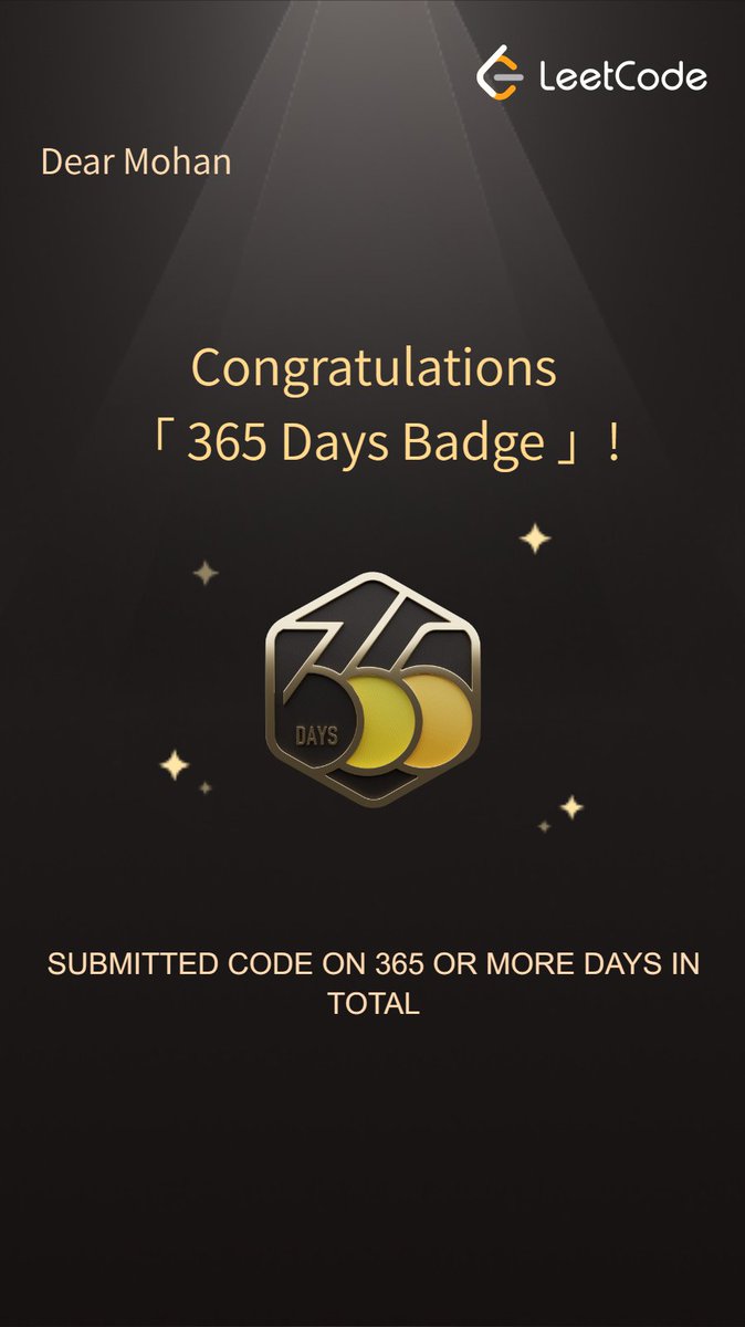 imohanbyte's tweet photo. 365 days, 365 LeetCode problems solved! 🧠💻 A year of daily problem-solving, countless hours of debugging, and endless learning. Here's to perseverance, growth, and the joy of cracking tough algorithms on @LeetCode ! 🚀💪 #LeetCode365 #CodingJourney #KeepGrinding https://t.co/cwf45JWnF8