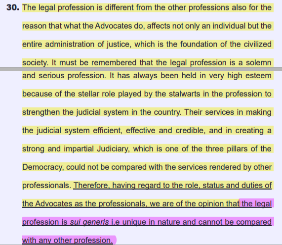 CiteCase's tweet photo. “The legal profession is sui generis i.e unique in nature and cannot be compared   with any other profession."

This is from a #SupremeCourt judgment of this year which discussed relationship between an Advocate and his Client:

Advocate’s Day wishes to all !