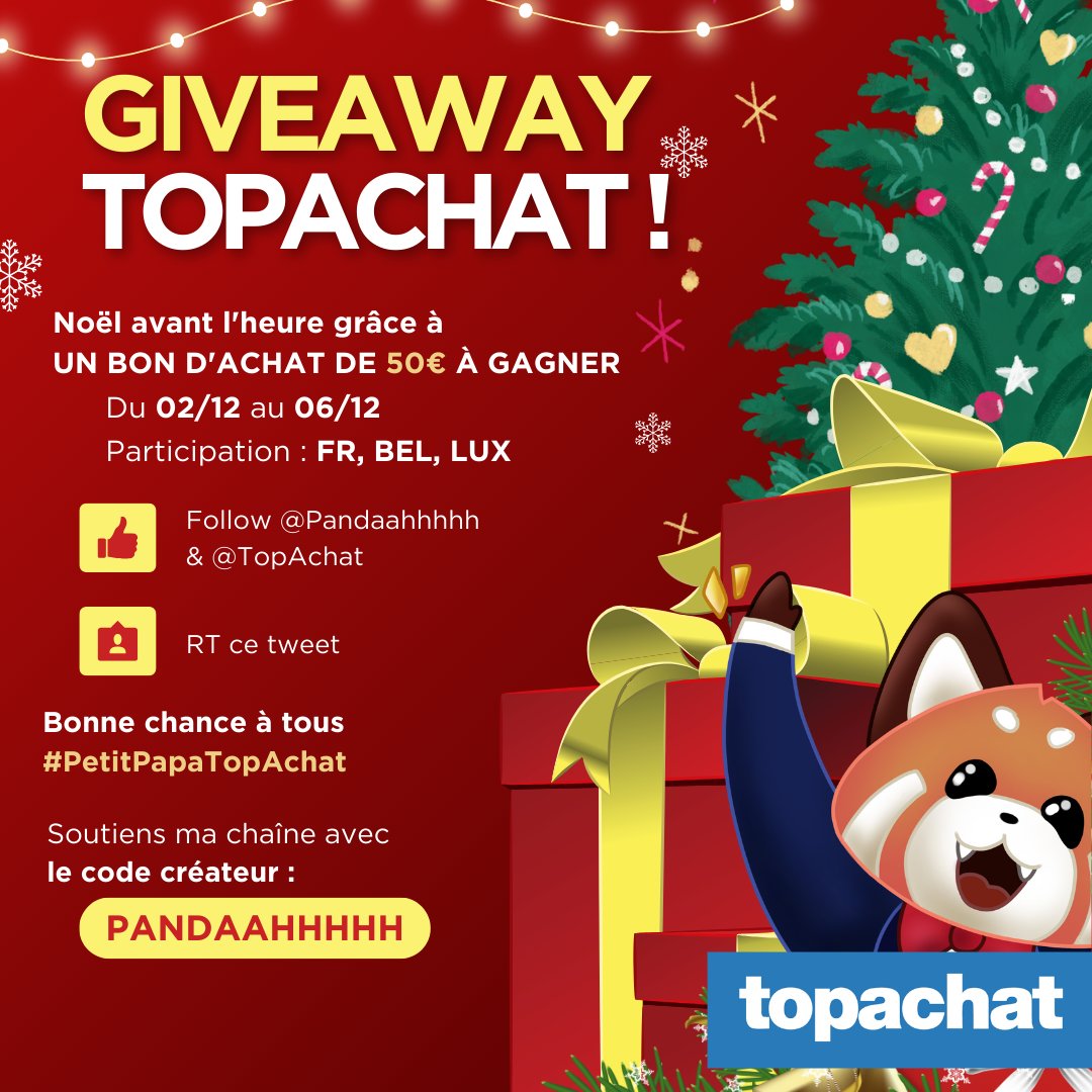 WPandaahh's tweet photo. 🎁 GIVEAWAY avec TopAchat ! 🎁

Noël avant l'heure avec 50€ de bon d'achat à gagner ! 

🗓️ Dates : Du 02/12 au 06/12
📍 Ouvert à : FR, BEL, LUX

Pour participer :
1️⃣ Follow @WPandaahh  &amp; @TopAchat  
2️⃣ RT ce tweet

Bonne chance à tous ! 🍀 #PetitPapaTopAchat https://t.co/BpOP178QEN