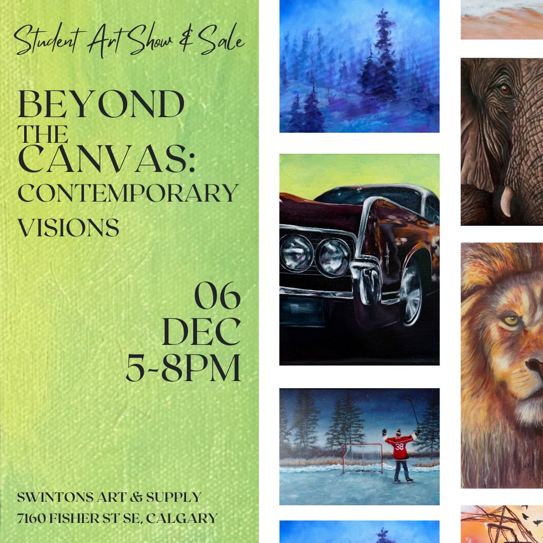 Swintons's tweet photo. This Friday!! Student show held by 5 of our incredible students. 

📅 When: Friday, December 6
⏰ Time: 5:00 PM – 8:00 PM
📍 Where: (Swinton's) 7160 Fisher St SE, Calgary�💸 Admission: Free https://t.co/dKlswrvyBO