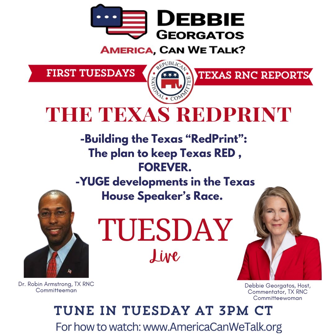DebbieCanWeTalk's tweet photo. Tune in to find out about the #RedPrint and what it means to #Texas. In studio with #RobinArmstrong #TX #RNC Committeeman joins me. Tuesday, 3pm CT. https://t.co/S0GQdBiXaJ