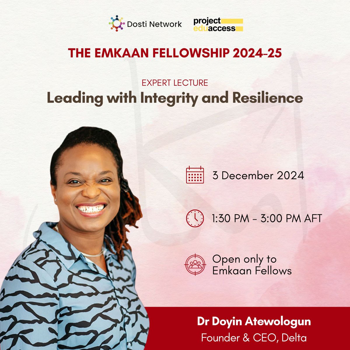 We’re thrilled to announce that we’re kicking off our Emkaan Fellowship for Afghan women today, with the first expert lecture on ‘Leading with Integrity and Resilience’ by <a href="/DrDoyinA/">Doyin Atewologun</a> 

Dr Doyin Atewologun is CEO and Founder of Delta, a niche leadership &amp; inclusion consultancy.