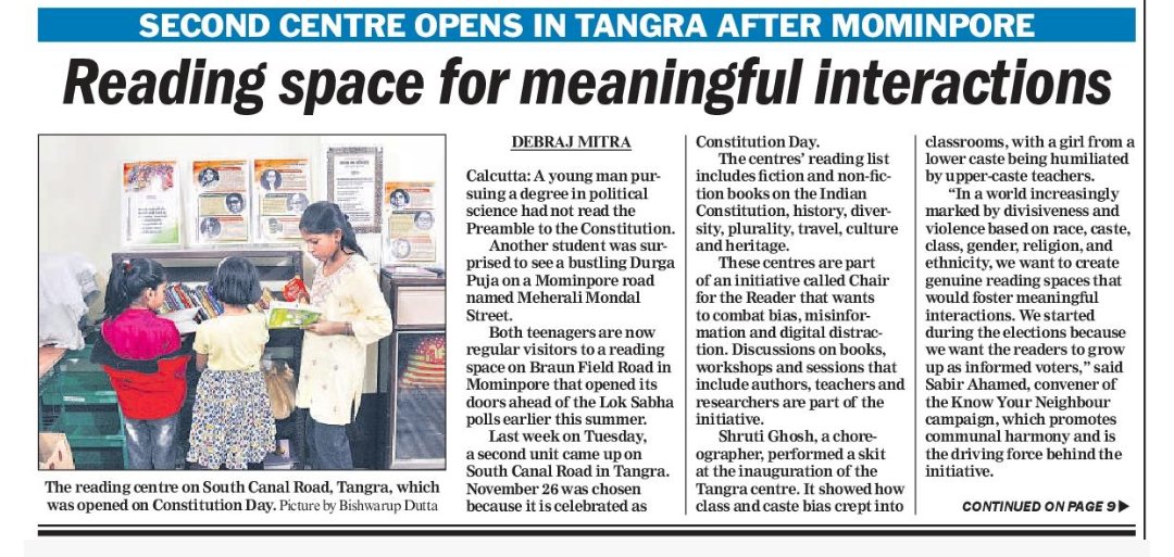 SabarInstitute_'s tweet image. Know Your Neighbor(@KYNBengal), a Sabar Institute initiative, launches a new reading space in Tangra! Aiming to combat digital distractions and nurture reading habits in children. Featured in The Telegraph today! 📚✨ #Tangra #ReadingSpaces #ChildEducation #DataForBetterLives