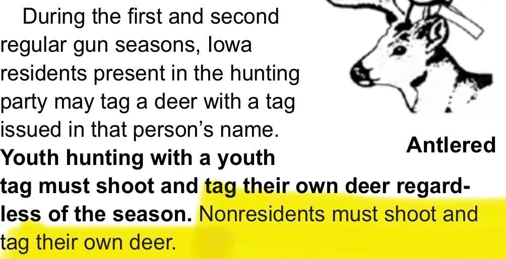 🛑Attention🛑 Non Resident First/Second Season gun hunters coming to Iowa over the next few weeks.  Due to recent regulation changes, you can only shoot and tag your own deer.  If you have an antler-less tag only, you cannot use an any sex tag of someone in your hunting party to