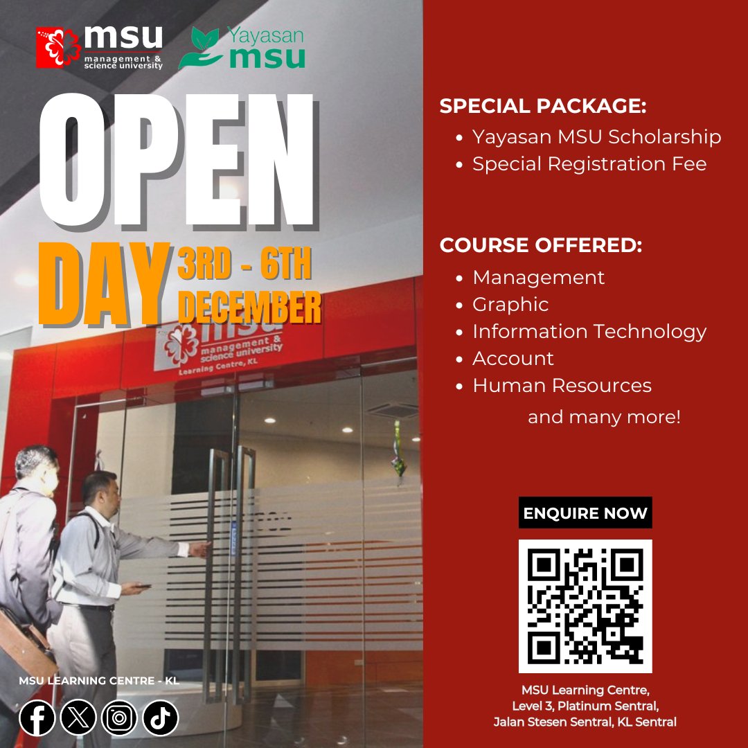MSULCKL's tweet photo. Take the next step in your education and further your studies with us at the MSU Learning Centre!
Join our Open Day and bring your friends and family to explore endless possibilities!
Scan the QR Code for more info!
#MSUMalaysia #beMSUrians #Go2MSU #MSULearningCentre #MSULC https://t.co/PbIIfBo3ZE