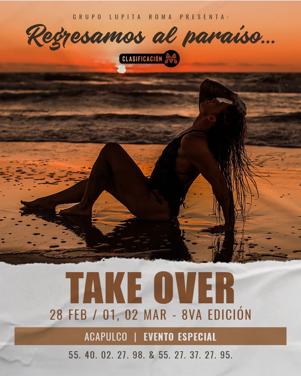 CLUB LUPITA ROMA SW (@lupitaromasw) on Twitter photo Después de una larga espera por fin regresamos a nuestro paraíso 🤩 la 8va edición de nuestro gran Take Over Acapulco ahora será en febrero 28, 1 y 2 de Marzo.
Inicia preventa: 
5 de Diciembre preventa especial para membresías 
10 de Diciembre preventa General 
📲 55 4002 2798 Después de una larga espera por fin regresamos a nuestro paraíso 🤩 la 8va edición de nuestro gran Take Over Acapulco ahora será en febrero 28, 1 y 2 de Marzo.
Inicia preventa: 
5 de Diciembre preventa especial para membresías 
10 de Diciembre preventa General 
📲 55 4002 2798