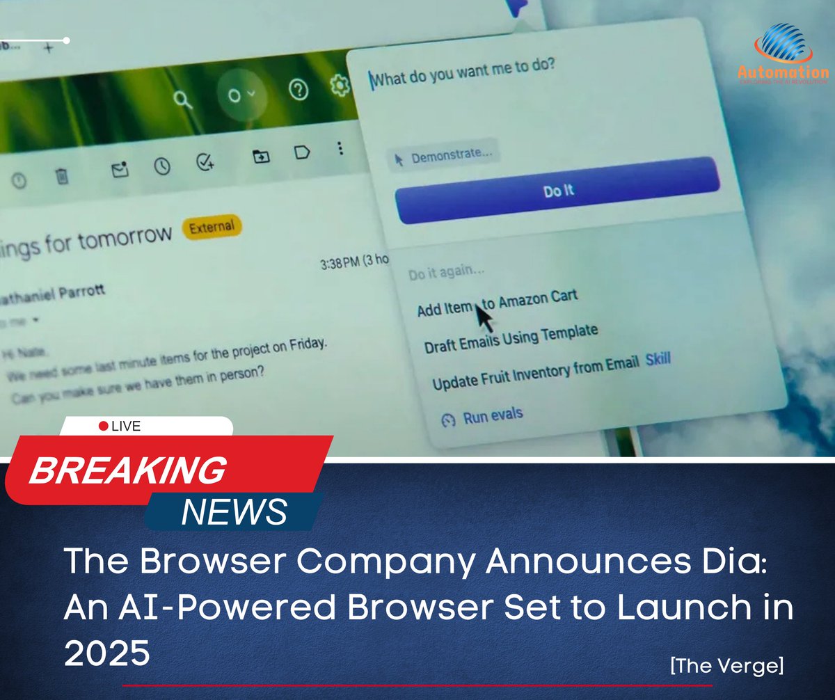automation_tv's tweet photo. Dia, the future of AI-powered browsing, is set to revolutionize how we navigate the web! ๐โจ
With smart tools like tab summaries, creative ideas, and automated tasks, itโs the next big leap in tech. Coming early 2025! ๐
@joshm
#automationtv #AI #DiaBrowser #FutureTech https://t.co/eht3WmfjKz