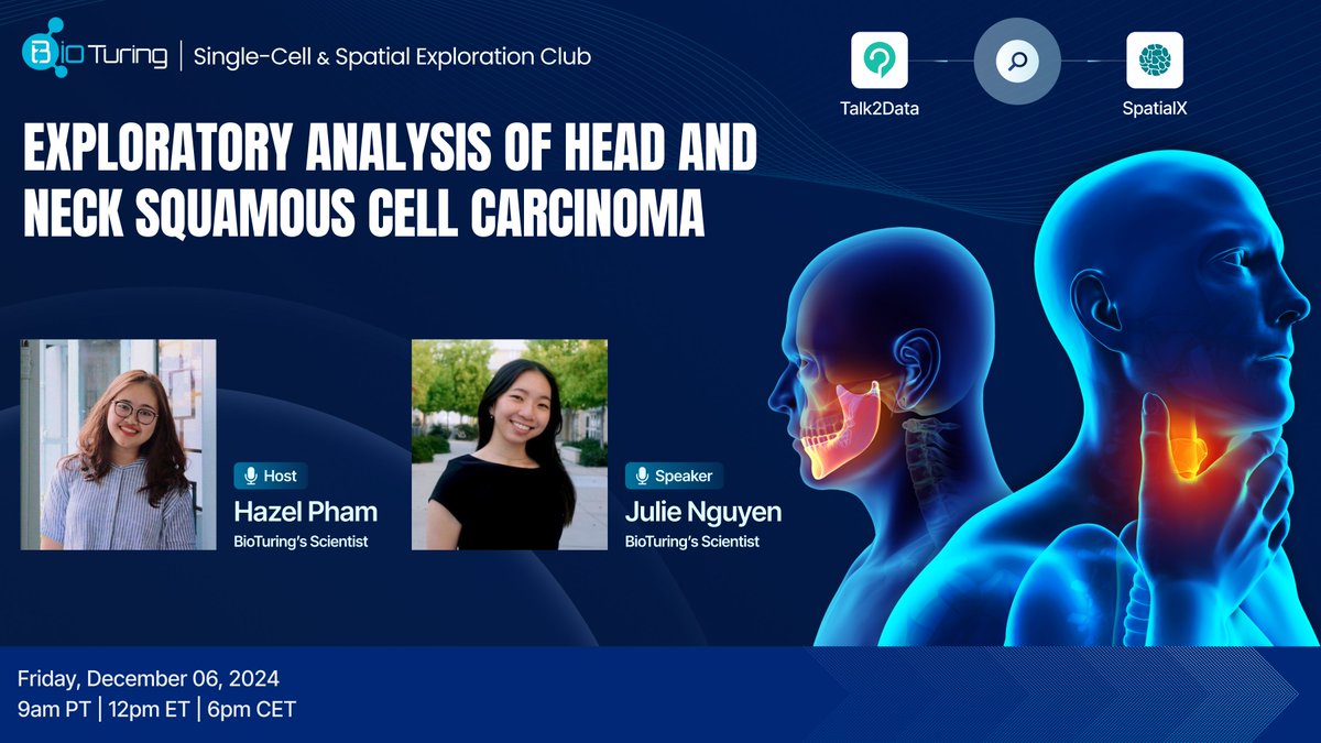 BioTuring (@bioturing) on Twitter photo On Friday's webinar we will explore molecular mechanisms of head and neck squamous cell carcinoma using scRNA-seq and bulk RNA-seq with our platforms and a study from <a href="/jitcancer/">Journal for ImmunoTherapy of Cancer</a>
📅 Date: Fri December 6th
⏰ Time: 9am PT | 12pm ET | 6pm CET
🔗 Register lnkd.in/g4Q7G_ad On Friday's webinar we will explore molecular mechanisms of head and neck squamous cell carcinoma using scRNA-seq and bulk RNA-seq with our platforms and a study from <a href="/jitcancer/">Journal for ImmunoTherapy of Cancer</a>
📅 Date: Fri December 6th
⏰ Time: 9am PT | 12pm ET | 6pm CET
🔗 Register lnkd.in/g4Q7G_ad
