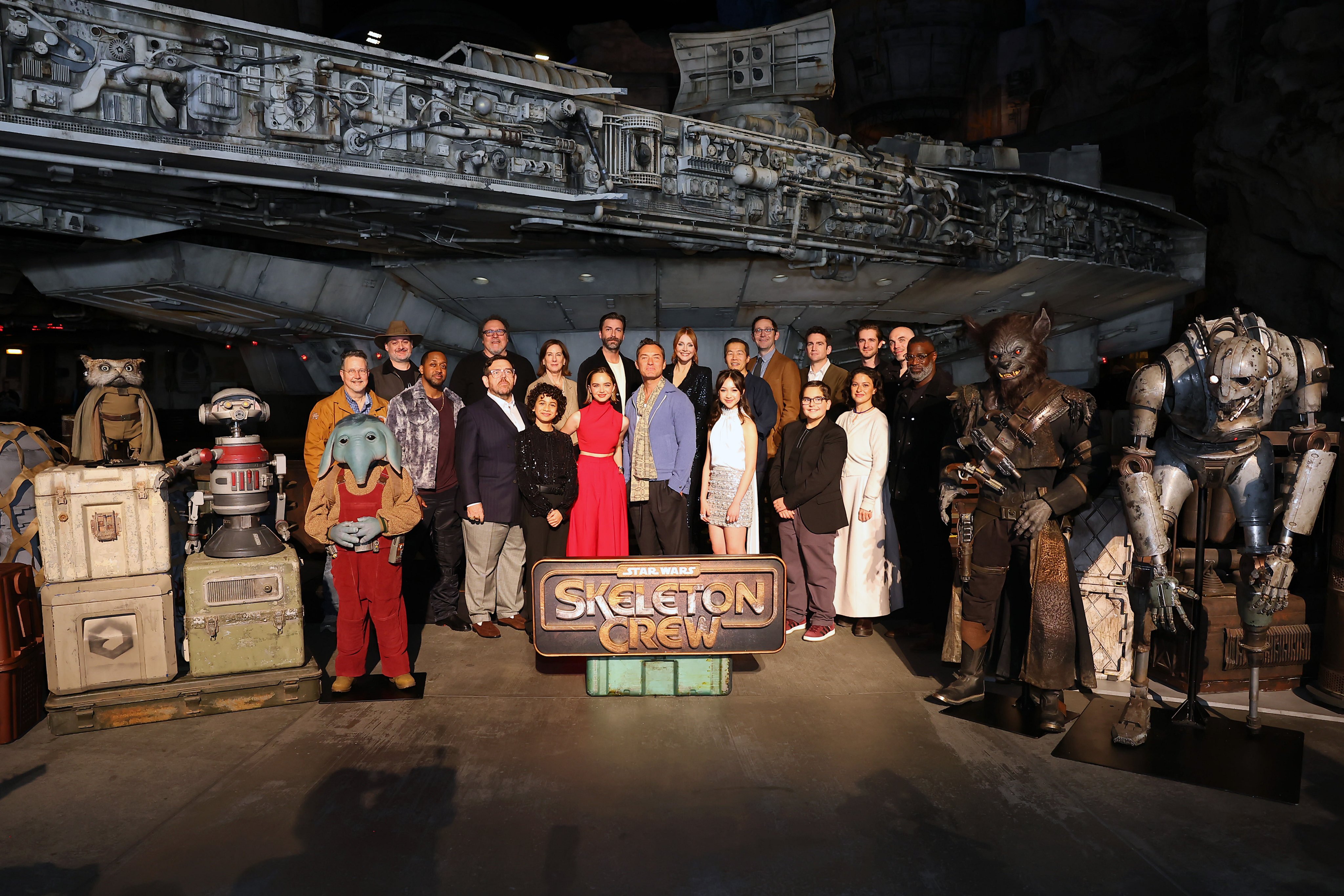 Jaleel White, Dave Filoni, Nick Frost, Jon Favreau, Ravi Cabot-Conyers, Kathleen Kennedy, Ryan Kiera Armstrong, Jon Watts, Jude Law, Bryce Dallas Howard, Kyriana Kratter, Lee Isaac Chung, Christopher Ford, Robert Timothy Smith, Jake Schreier, Alia Shawkat, Chris Buongiorno, David Lowery, and Tunde Adebimpe attend the Star Wars: Skeleton Crew launch event at Star Wars: Galaxy’s Edge at Disneyland Resort.